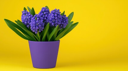 Sticker - Purple Hyacinth Flowers in a Pot on a Yellow Background