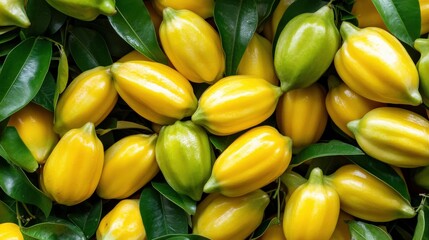 A pile of fresh market-ready starfruits (Averrhoa carambola), with their unique shape and bright color