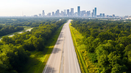 Wall Mural - Aerial View of Empty Highway Leading to Downtown Houston Skyline - Cityscape, Road, Urban, Travel, Landscape