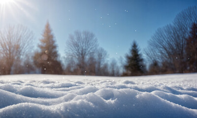 Wall Mural - Winter snow background with snowdrifts, with beautiful light and snow flakes on the blue sky, beautiful bokeh circles, banner format, copy space.