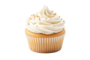 close-up view of a 3d vanilla-flavored cupcake presented isolated on white background