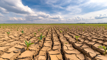 Dry Cracked Soil with Green Plants  - Drought, Climate Change, Agriculture