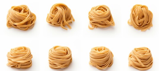 Different types of cooked pasta twisted into nests on a white background showcasing various shapes