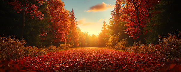 A serene autumn scene featuring vibrant leaves and a tranquil path illuminated by a warm sunset amidst the trees.