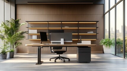 Modern Office Interior Design with Desk Shelves and Plants