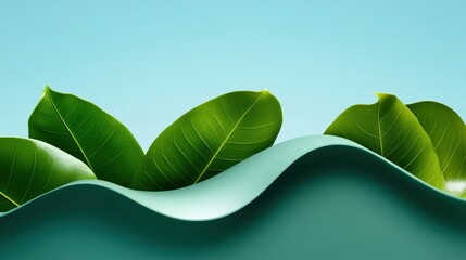 Poster - Green Leaves Over Blue Wave Abstract