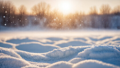 Winter snow background with snowdrifts, with beautiful light and snow flakes on the blue sky, beautiful bokeh circles, banner format, copy space.