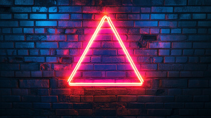 Neon triangle illuminated on a textured brick wall in a dimly lit urban setting at night