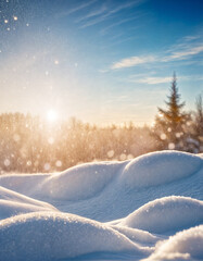 Wall Mural - Winter snow background with snowdrifts, with beautiful light and snow flakes on the blue sky, beautiful bokeh circles, banner format, copy space.