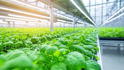 Vibrant greenhouse filled with lush, green plants bathed in natural light, showcasing the beauty of indoor agriculture.