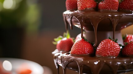 Canvas Print - A chocolate fountain adorned with fresh strawberries, perfect for desserts and celebrations.