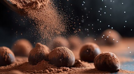 Poster - A close-up of chocolate truffles being dusted with cocoa powder, showcasing a rich dessert.