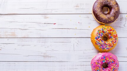 Three colorful donuts with diverse sprinkles rest on a white wooden surface, inviting delight and sweet cravings.