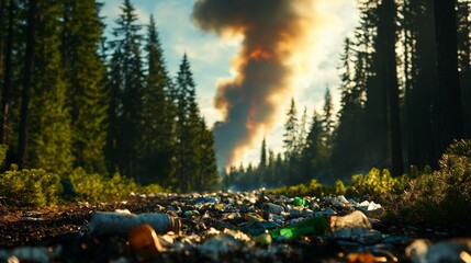 a forest littered with garbage, with smoke from a distant wildfire