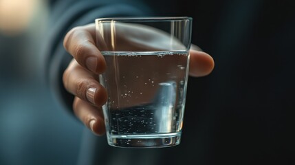 Poster - A hand holding a clear glass of water, emphasizing hydration and refreshment.