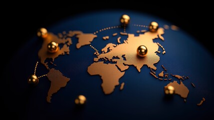 Global Network with Gold Sphere Connections on a World Map