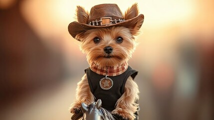 Poster - A Yorkshire Terrier Wearing a Cowboy Hat and Vest