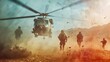© VK Studio - Soldiers walk towards a helicopter amidst a dusty, war-torn landscape, capturing the harsh realities and intensity of a military mission in action.