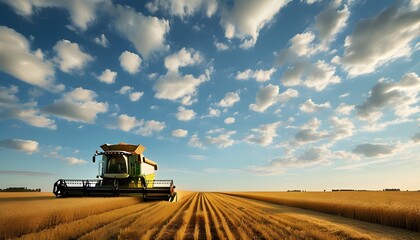 Wall Mural - dedication of a lone harvester in expansive golden fields under a clear sky celebrating the bounty of agriculture