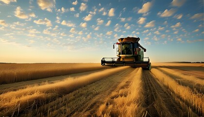 dedication of a lone harvester in expansive golden fields under a clear sky celebrating the bounty of agriculture