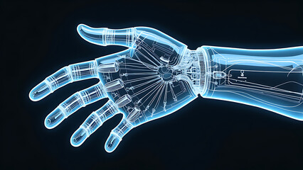 Reaching out with bright light emanating from a robotic arm with illuminated circuits. Future technology concept. Generative Ai