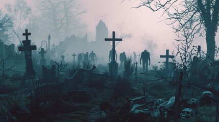 A haunting landscape with graveyard crosses, skeletal remains, and ghostly figures in dense fog, creating a chilling and mysterious atmosphere.