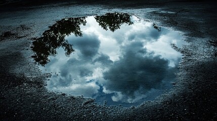 Canvas Print - Reflection of Clouds and Tree Silhouettes in a Puddle