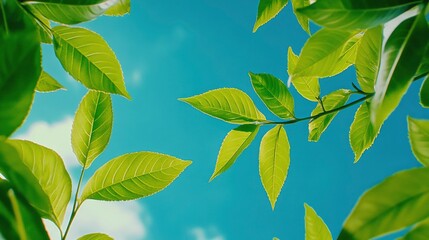 Wall Mural - Lush Green Leaves Against a Bright Blue Sky