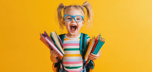 Poster - A cute little girl wearing blue glasses and holding books, with a colorful background, is smiling with her mouth wide open