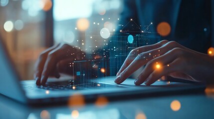 Wall Mural - A person's hand hovers over a laptop keyboard, with a glowing city skyline-like image projected on the screen.