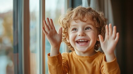 Wall Mural - Child excitedly waiting at a window for a birthday party or special event to start