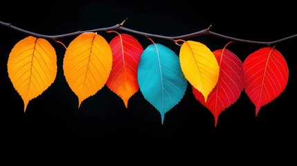 Poster - Colorful Autumn Leaves on a Branch Against a Black Background