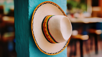 Colorful Woven Straw Hat Hanging on Teal Wall, Mexican Culture, Summer Fashion, Travel