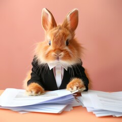 Stressed Business Rabbit Overwhelmed by Paperwork at a Desk (Pastel Pink Background)