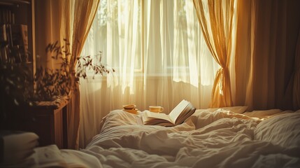 Canvas Print - Cozy morning in a sunlit bedroom with a book and cups on a rumpled bed near a window with soft curtains