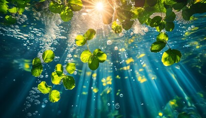 Underwater Paradise of Sparkling Leaves and Rising Bubbles in Sunlit Waters