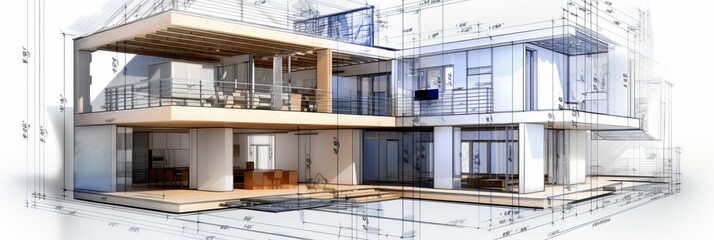 Wall Mural - vision of architecture of a 3d model house project with blueprint