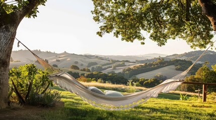 Poster - A hammock positioned in a picturesque outdoor space, with a stunning view of rolling hills, a clear sky, and a peaceful setting for relaxation