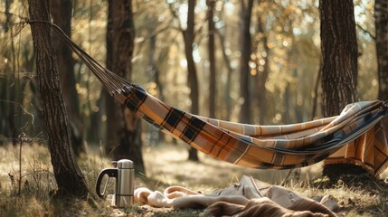 Sticker - A hammock strung between two trees in a serene forest, with a blanket and a thermos of coffee resting nearby, inviting you to relax and enjoy nature.