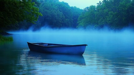 a small blue boat floats serenely on misty waters surrounded by lush green trees in the early mornin