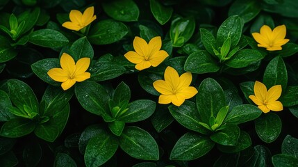 Wall Mural - Yellow Flowers in Lush Green Foliage