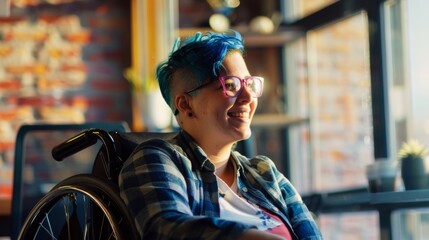 Sticker - A cheerful person with blue hair and glasses enjoys the sunlit ambiance of a trendy café while comfortably sitting in a wheelchair.