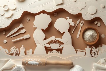 A whimsical paper art scene of two figures cooking together, highlighting creativity and bonding in the kitchen.