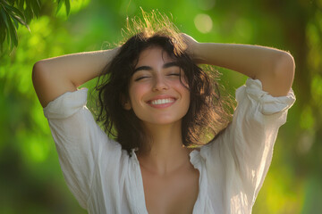 Sticker - Beautiful woman in a white shirt, smiling and relaxing outdoors, with her hands behind her head and a green nature background.