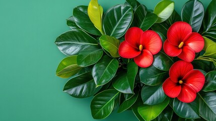 Poster - Red Flowers with Green Leaves on Green Background