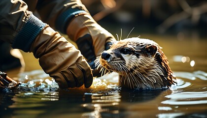 Wall Mural - Tender wildlife rehabilitation: caring for an otter in serene water with natural light illuminating compassionate hands