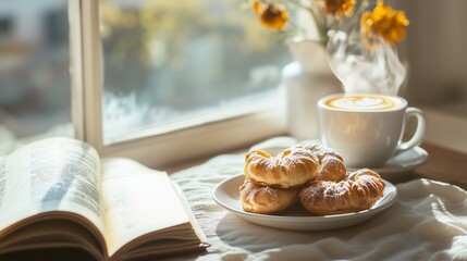 Poster - Cozy morning scene with a steaming cup of coffee, fresh pastries, an open book, and flowers by the window on a sunny day