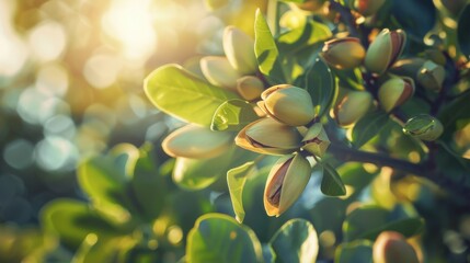 Wall Mural - Sunlit buds of pistachios flourish on a tree, surrounded by vibrant green foliage, representing nurturing, growth, and abundance.