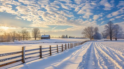 Sticker - A picturesque winter wonderland featuring a snow-covered countryside with a classic wooden fence, a quaint farmhouse, and a tranquil winter morning sky.