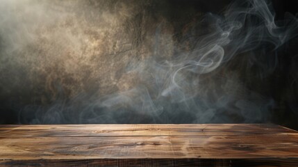 Poster - Desolate Wooden Table with Rising Smoke on Black Surface for Showcasing Products